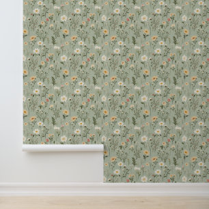 Papier Peint Fleurs de prairie sur vert