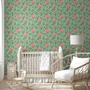 Papier Peint Fleurs de rose rose Vintage Turquoise