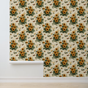 Papier Peint Fleurs de soleil et papillons sur Jaune clair