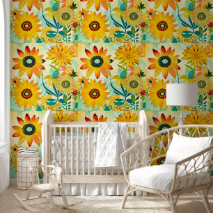 Papier Peint Fleurs de soleil jaunes Art folklorique
