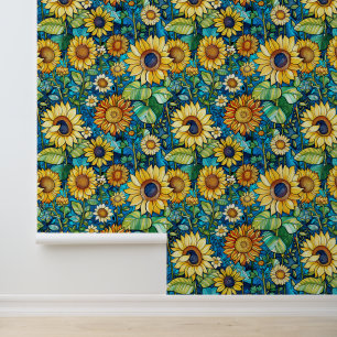 Papier Peint Fleurs de soleil jaunes, feuilles verts, Klimt vib