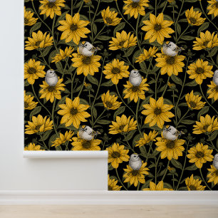 Papier Peint Fleurs de soleil sauvages et oiseaux de crête doré