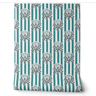 Papier Peint fleurs de Tagète sarcelle motif rayure