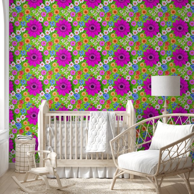 Papier Peint Fleurs d'été vives en violet et vert (Enfants)