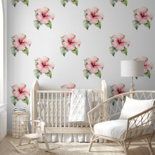 Papier Peint Fleurs d'Hibiscus rose pâle tropicale
