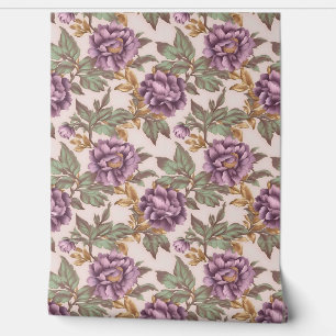 Papier Peint Fleurs d'or faux violet clair sauge feuilles