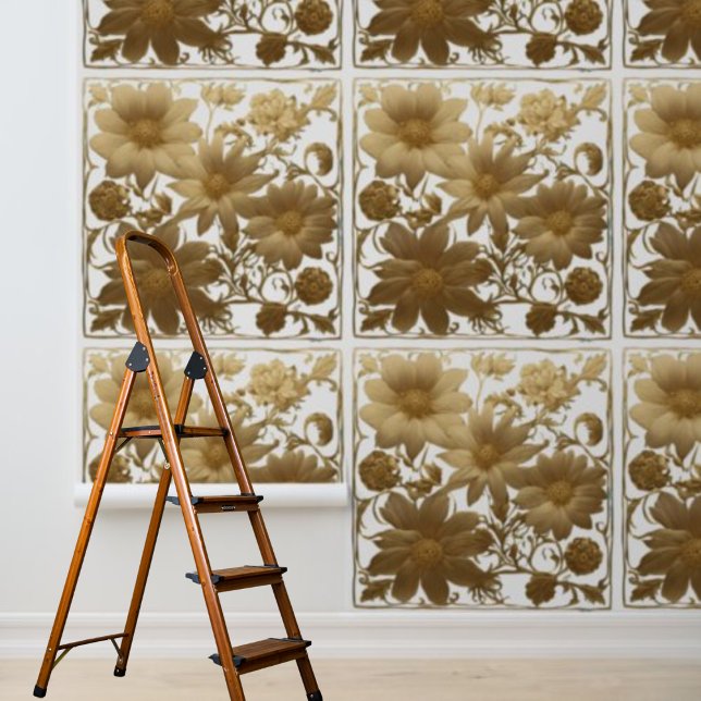 Papier Peint Fleurs dorées à décoller et à coller sur fond blan (Peel and stick gold flowers on white background wallpaper)