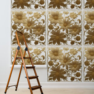 Papier Peint Fleurs dorées à décoller et coller sur fond blanc