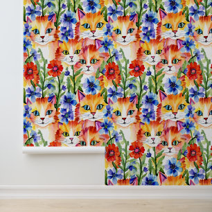 Papier Peint Fleurs et chats d'aquarelle d'art populaire