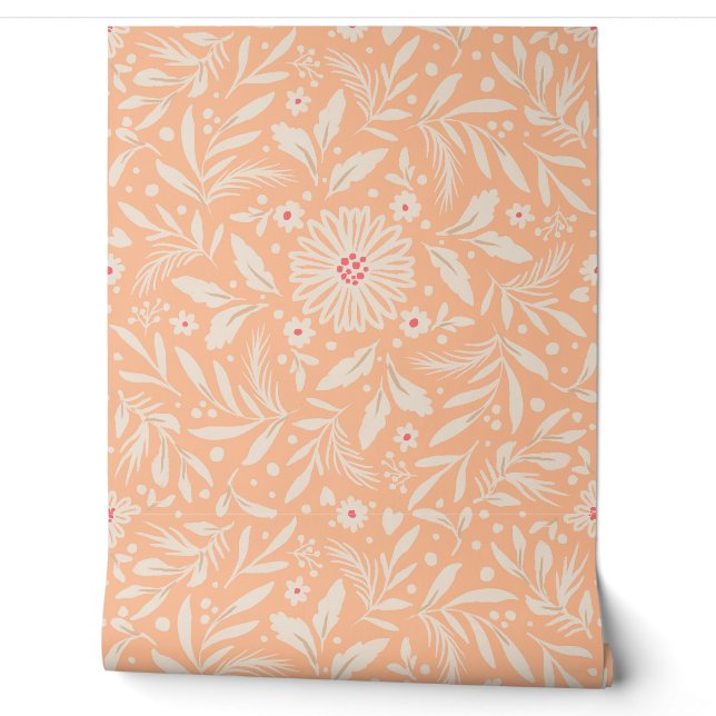 Papier Peint Fleurs et feuilles, couleur pêche (Déroulement)