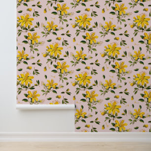Papier Peint Fleurs jaunes sur fond rose pâle
