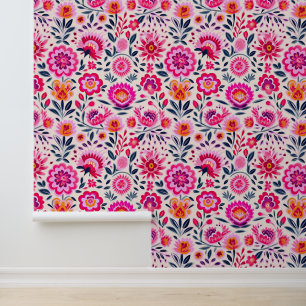 Papier Peint Fleurs mexicaines Fuchsia rose élégant floral