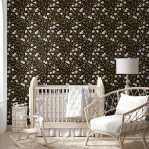 Papier Peint Fleurs noires et blanches avec feuilles vertes