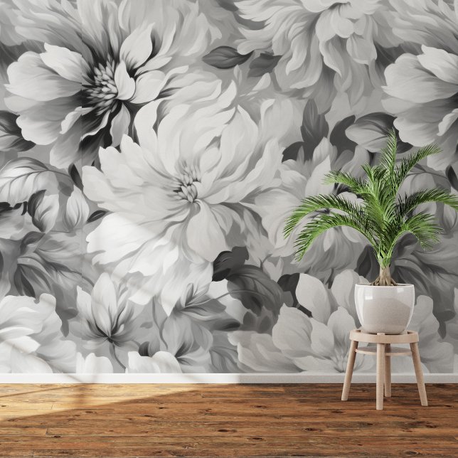 Papier Peint Fleurs noires et blanches : Peaux à l'huile Peel & (Black & White Blooms: Oil Painting Peel & Stick Wallpaper)