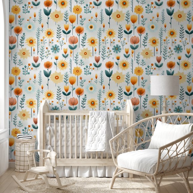 Papier Peint Fleurs orange Motif coloré (Enfants)