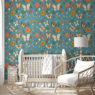 Papier Peint Fleurs Papillons Caprice Fond Cyan Floral