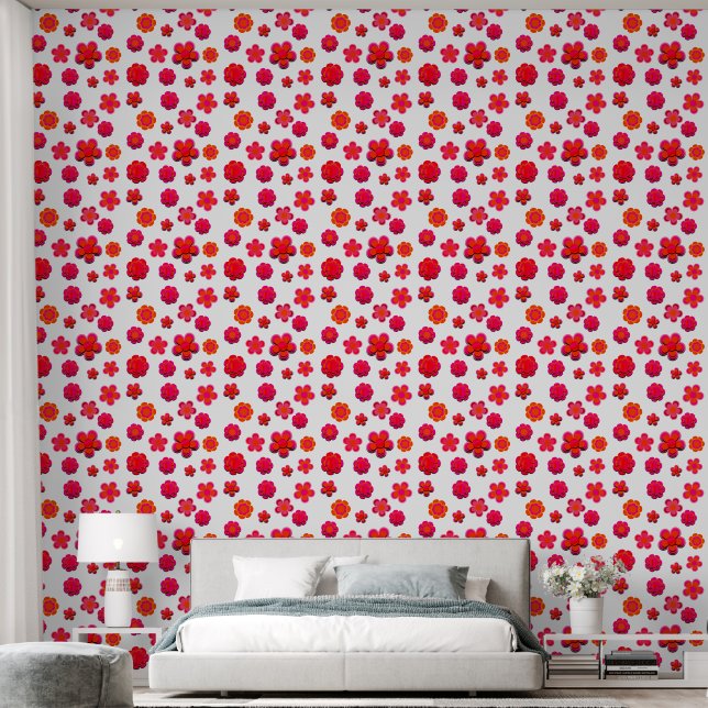Papier Peint Fleurs roses et orange chaudes (Chambre à coucher)