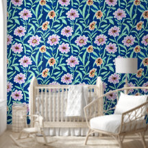 Fleurs roses et pêche sur fond bleu