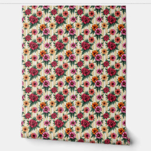 Papier Peint Fleurs roses rouges et or sur bandes tan