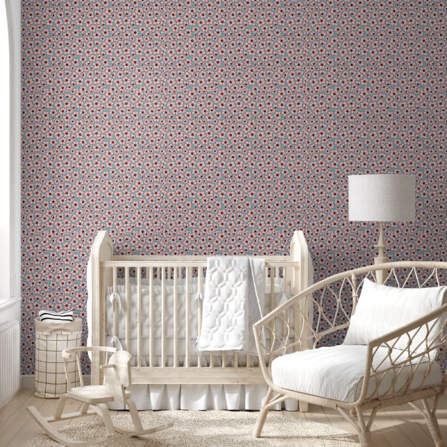 Papier Peint Fleurs roses sur fond bleu  (Enfants)