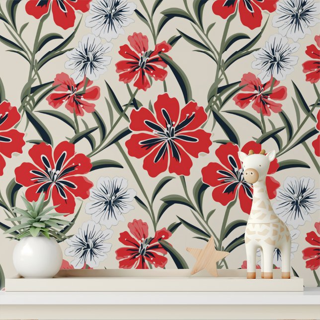 Papier Peint Fleurs rouges blanches audacieuses à décoller et à (Créateur téléchargé)