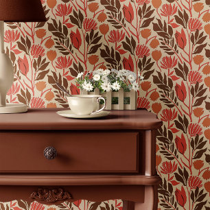 Papier Peint Fleurs rouges et marron vintage 