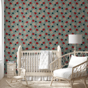Papier Peint Fleurs rouges et vertes Abstraites sur gris
