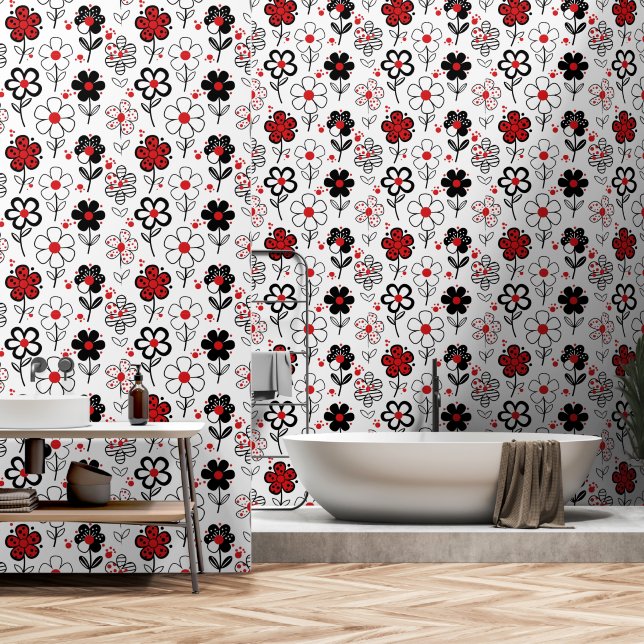 Papier Peint Fleurs rouges noires chic (Salle de bain)