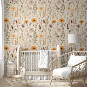 Papier Peint Fleurs sauvages Aquarelle florale Botanique Beige