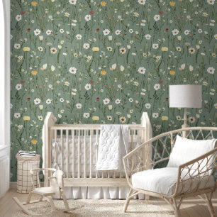 Papier Peint Fleurs sauvages de sauge verte florales jaunes bla