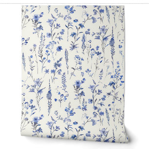 Papier Peint Fleurs sauvages et herbes aquarelles bleu marine