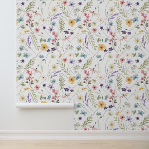 Papier Peint Fleurs sauvages, papillons et libellules Motif