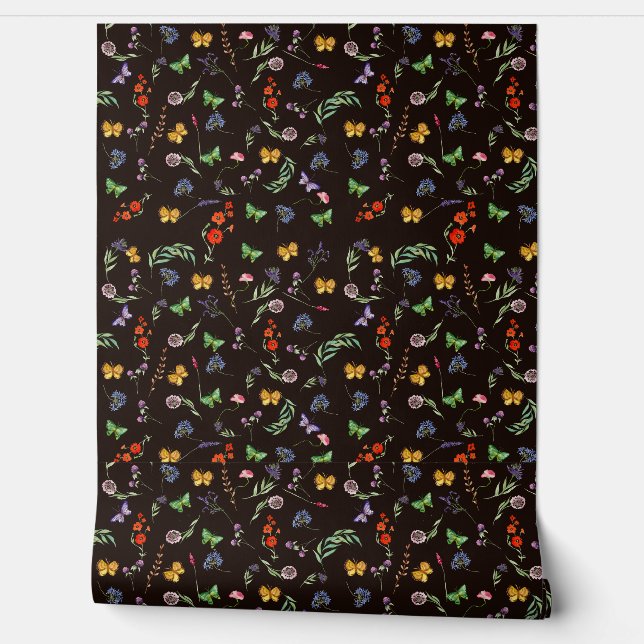 Papier Peint Fleurs sauvages romantiques et papillons noirs (Déroulement)