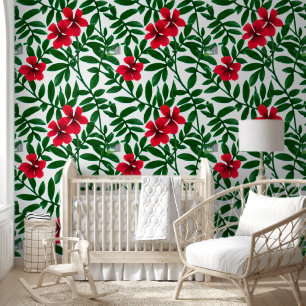 Papier Peint Fleurs tropicales hawaïennes rouge vert côtier chi
