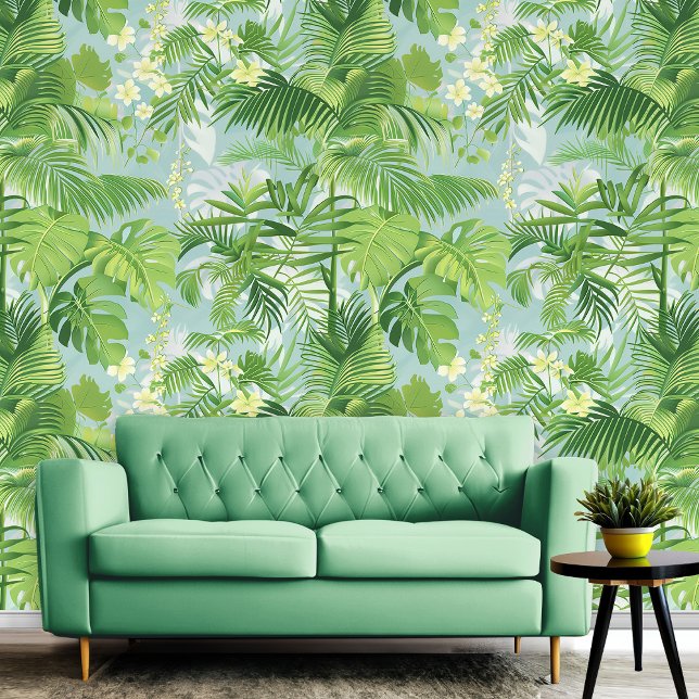Papier Peint Fleurs vertes tropicales et Vibes de plage d'été F (Tropical Green Flowers & Leaves Summer Beach Vibes Wallpaper)
