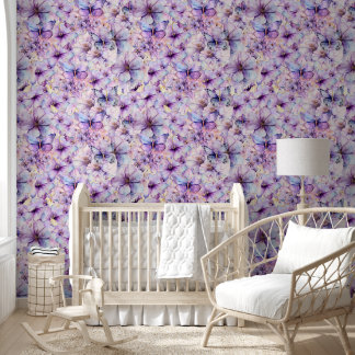 Papier Peint Fleurs violettes et lavande et papillons