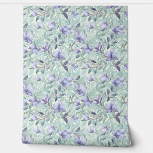 Papier Peint Fleurs violettes pastel douces et feuilles verts s
