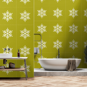 Papier Peint Flocon de neige blanc festif raffiné sur olive élé