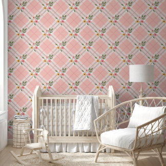 Papier peint floral à carreaux crème rose