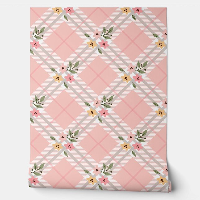 Papier peint floral à carreaux crème rose (Déroulement)