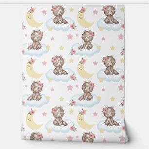 Papier Peint Floral Bébé Ours Nuage étoiles Lune Bois Animaux