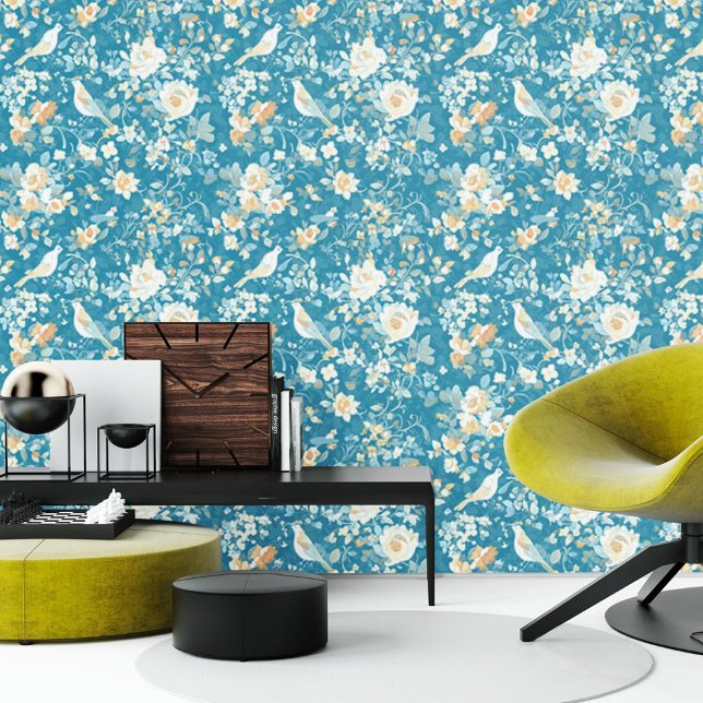 Papier Peint Floral bleu et Motif d'oiseaux (wallpaper)