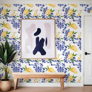 Papier Peint Floral Bleu Méditerranéen et Motif citron