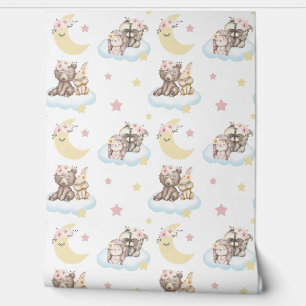 Papier Peint Floral Bois Animaux Nuages Étoiles Lune Pépinière