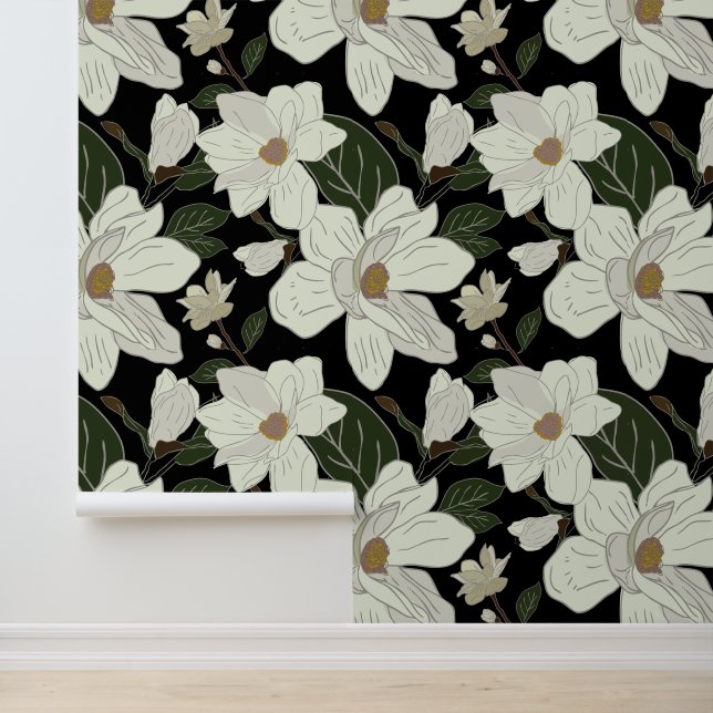 Papier Peint Floral de Magnolia blanc moderne sur noir (Application)