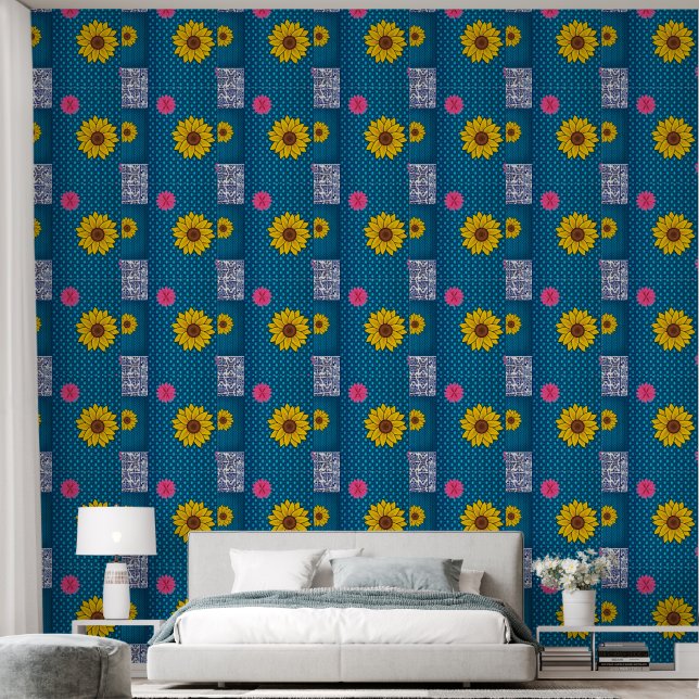 Papier peint floral fleurs jaune bleu (Chambre à coucher)