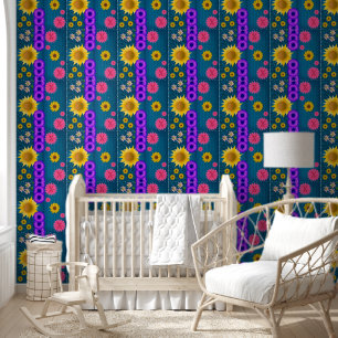 Papier peint floral fleurs jaune violet