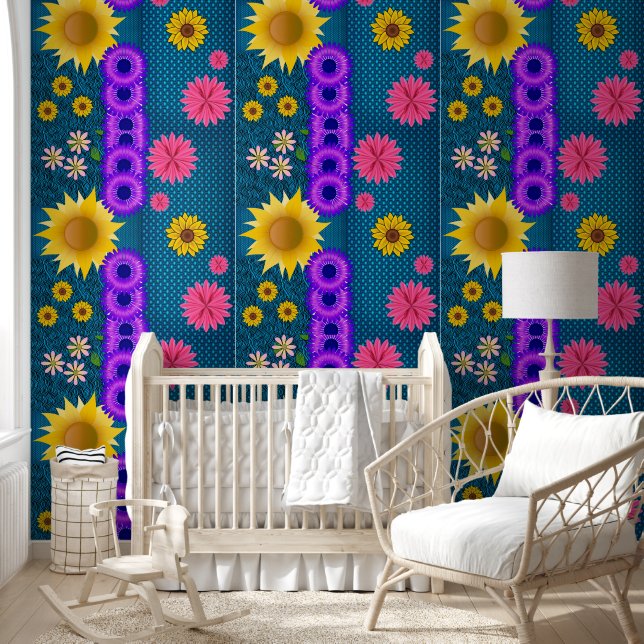 Papier peint floral fleurs jaune violet (Enfants)
