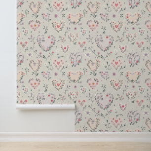 Papier Peint Floral Heart Motif Pastel Design