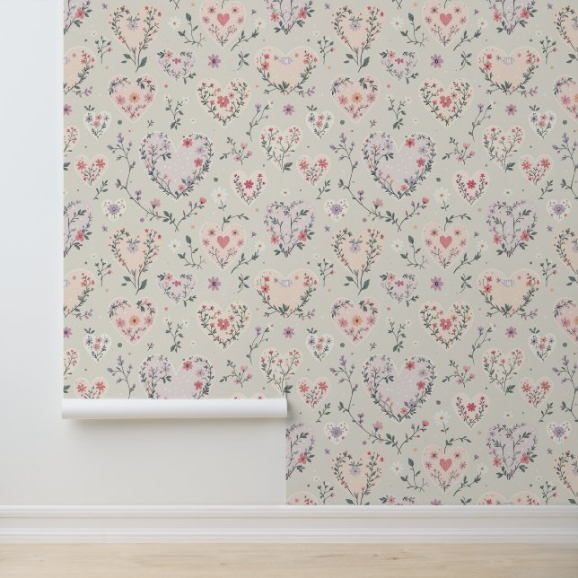 Papier Peint Floral Heart Motif Pastel Design (Application)